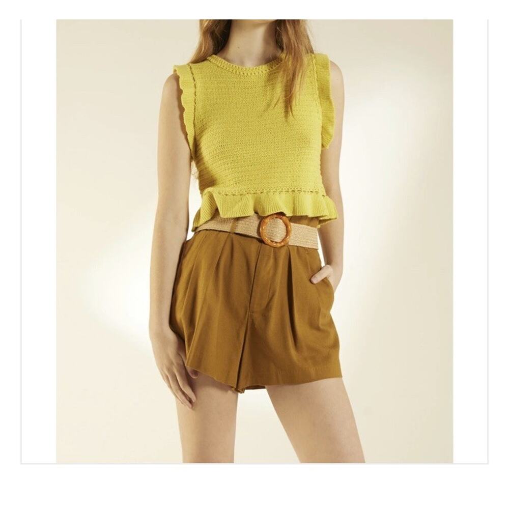 Deluc Nancy Knit Top Yellow Boxy Ruffled Sleeveless Boutique Tank Boho Cottage
